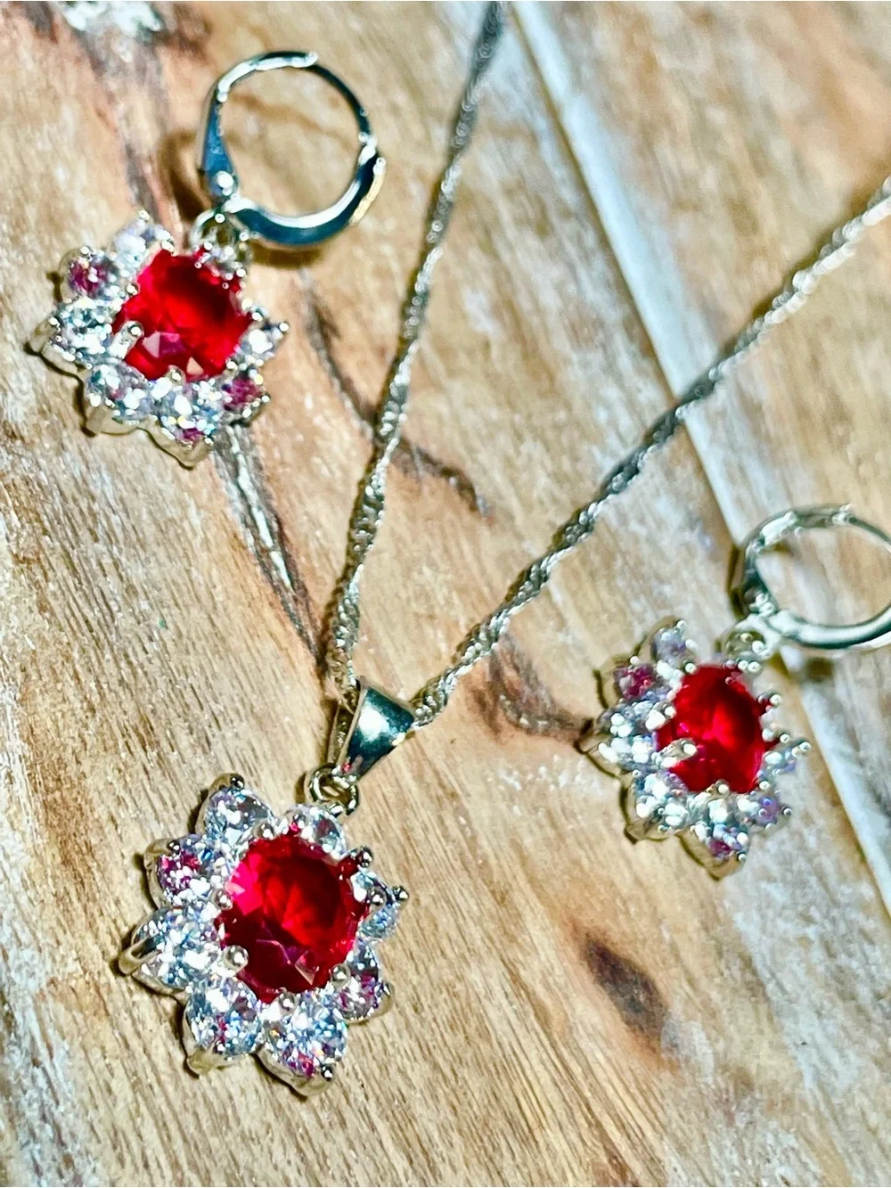Red Crystal Flower Necklace & Earring Set in Halo 925 Sterling Silver Setting